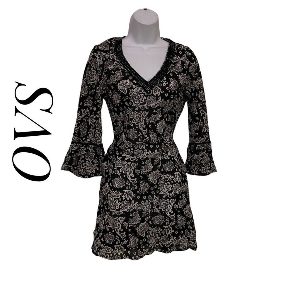 OVS Small Italian Cotton Tunic Bikini Coverup Dress Black White Floral Paisely P